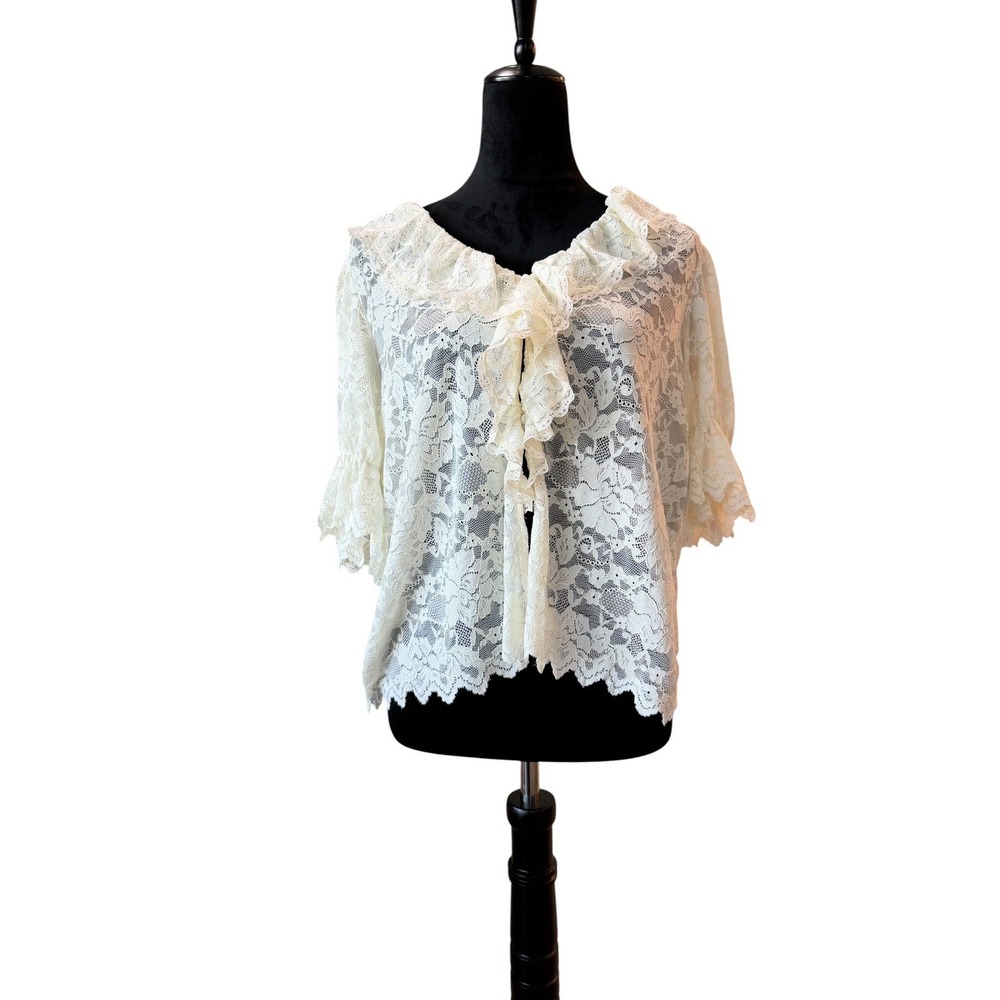 Ultra Pink Womens Cream Floral Lace Ruffle Collar Bell Sleeve Top Large